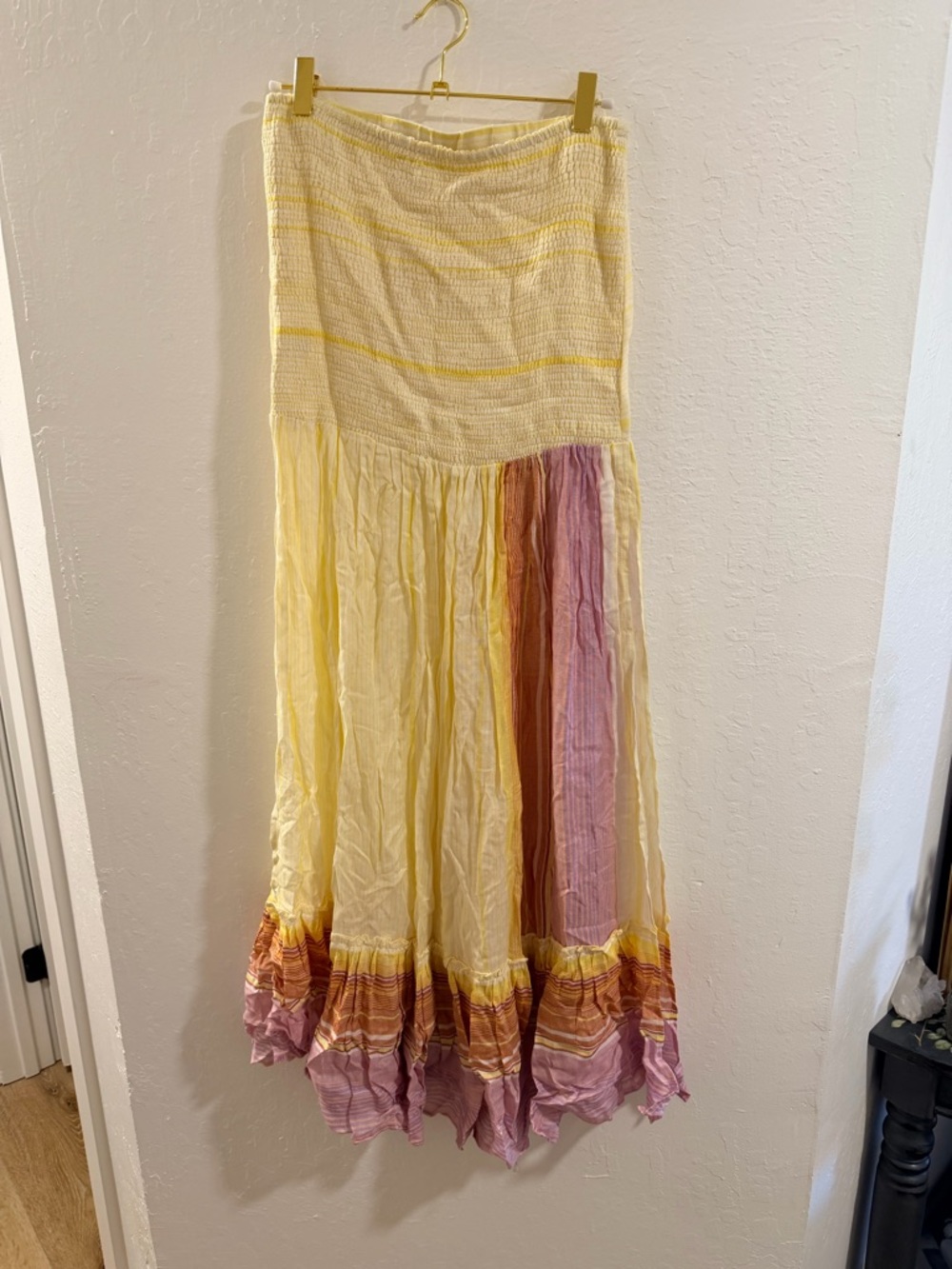 Bohemian Yellow Tiered Maxi Skirt with Pink Accent